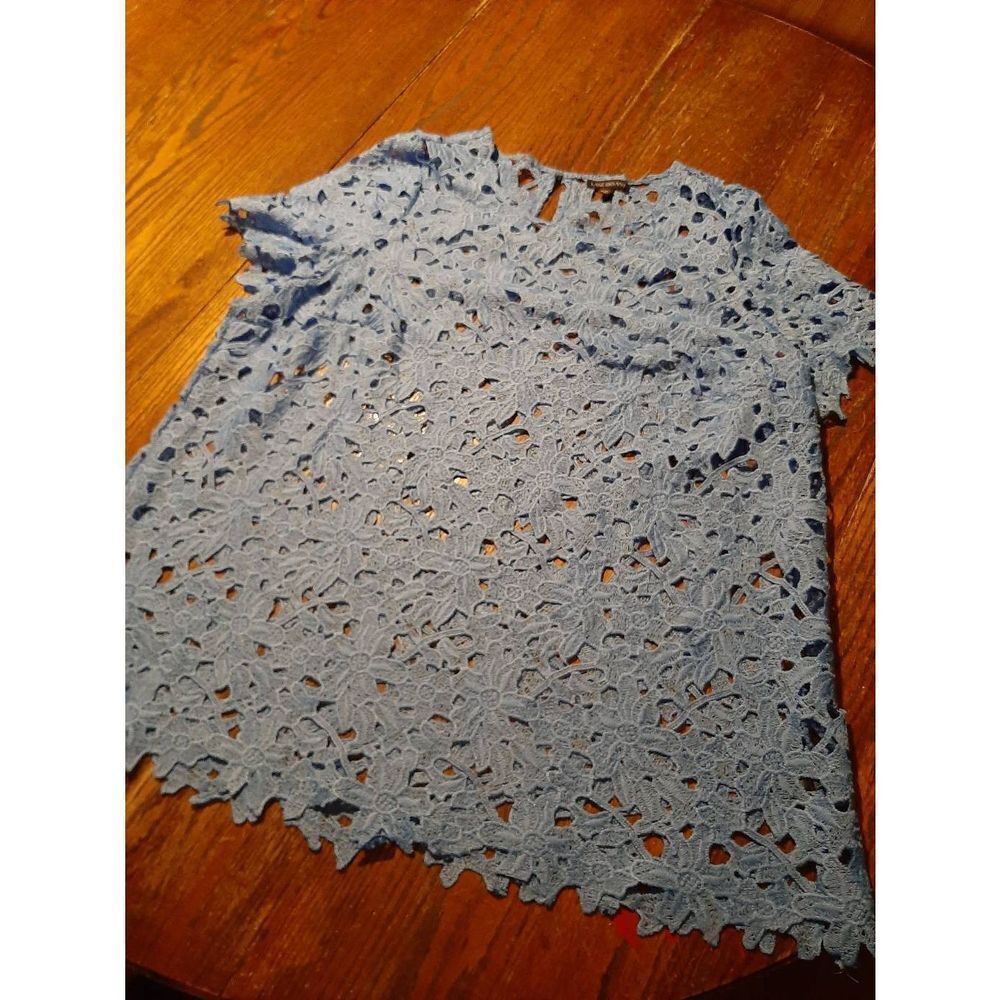 Size 14 Lane Bryant Blue Short Sleeve Floral Lace Top  Shirt Blouse Sheer